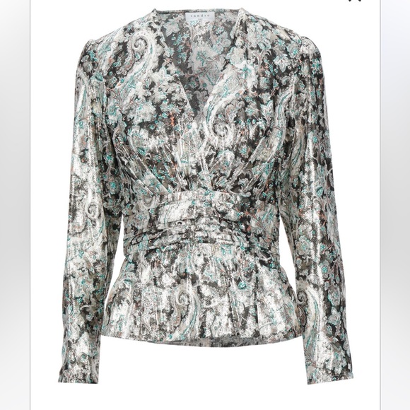 Sandro Marine Metallic Botanical Jacquard Blouse - Picture 8 of 13